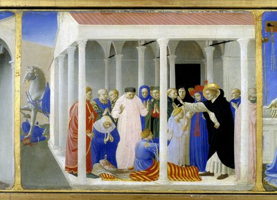 Santa Dominica (1170 - 1221) resucitando a Napoleone Orsini, la parte inferior (la predela) de la 