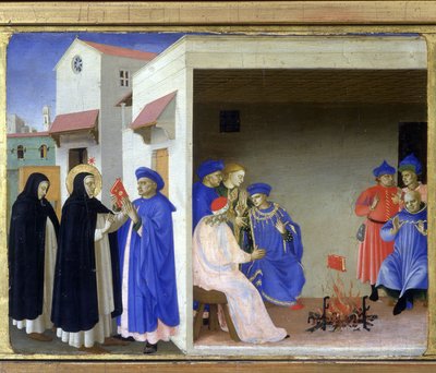 El milagro de Santa Dominica: la santa entrega a los albigenses el libro que refuta su herejía y los albigenses intentan quemarlo, sin éxito - Predela de la 