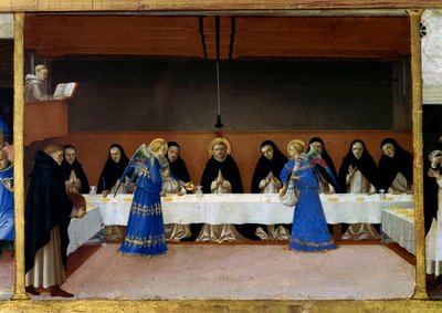 Los monjes en la mesa, la cocina de los ángeles. Vida de Santa Dominica (detalle): los ángeles sirven una comida a los hermanos dominicos. Pintura de Guido di Pietro (Fra Angelico) de Fra  Angelico