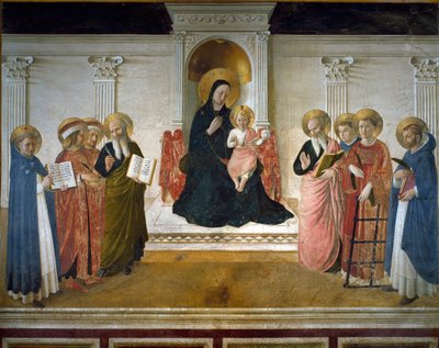 Virgen de las Sombras o Santa Conversación o Virgen y Niño con Ocho Santos: Domingo, San Cosme y San Damián, San Marcos, San Juan Evangelista, Santo Tomás de Aquino, San Lorenzo y San Pedro de Fra  Angelico