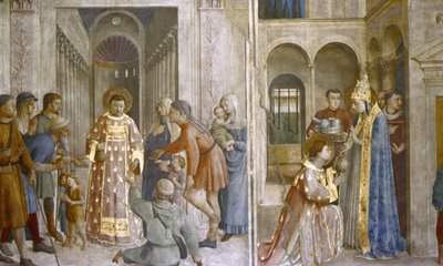 San Sixto confía los tesoros de la iglesia a San Lorenzo y San Lorenzo dando limosna de Fra (c.1400 55) Angelico