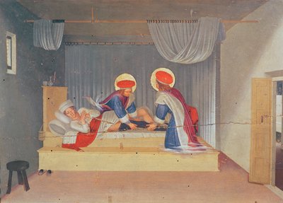 Retablo, La Virgen y el Niño rodeados de ángeles y ocho santos. La predela: San Cosme y San Damián trasplantando la pierna de un negro a un diácono Justiniano (temple sobre tabla) de Fra Angelico