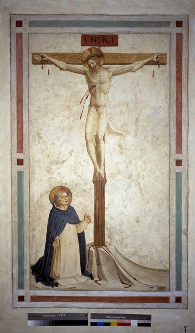 Crucifixión con San Domingo. Inscripción "INRI" en la cruz. Fresco de Guido di Pietro de Fra Angelico