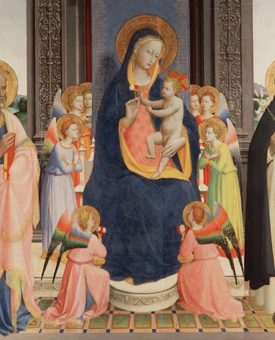 (detalle) del Politico Di San Domenico mostrando a la Virgen y el Niño entronizados con Ocho ángeles, c.1422 de Fra Angelico