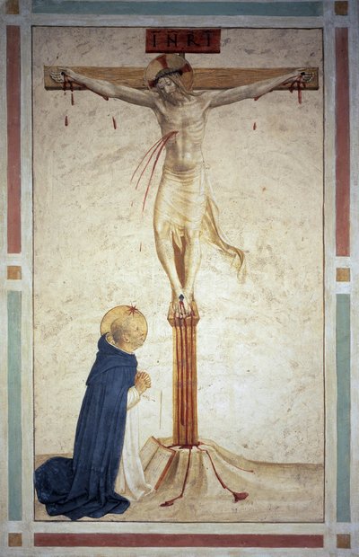 La crucifixión con San Domingo. Inscripción "INRI" en la cruz. Fresco de Guido di Pietro de Fra Angelico