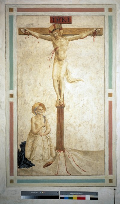 La crucifixión con San Domingo. Inscripción "INRI" en la cruz. Fresco de Guido di Pietro de Fra Angelico