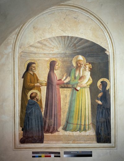 La presentación de Cristo en el templo. San Pedro, mártir, y la religiosa dominicana Villana, observan la escena bíblica. Fresco de Guido di Pietro de Fra Angelico