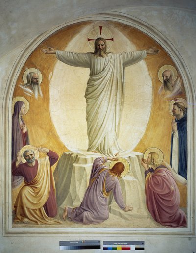 La transfiguración de Cristo. Los rostros de Moisés y Elías están representados en el fondo. Abajo se ve a la Virgen y San Domingo. En el suelo, 3 de los apóstoles. Fresco de Guido di Pietro de Fra Angelico