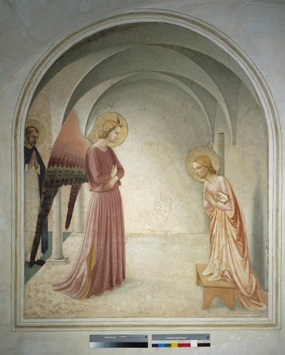 La anunciación. San Pedro mártir se encuentra detrás del arcángel Gabriel haciendo el anuncio a la Virgen María. Fresco de Guido di Pietro de Fra Angelico