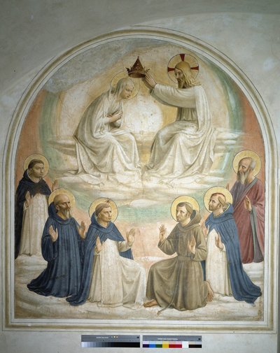La coronación de la Virgen. De izq. a der.: San Tomás, San Benito de Nursia, San Domingo, San Francisco, San Pedro mártir y San Marcos. Fresco de Guido di Pietro de Fra Angelico