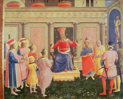 Santos Cosme y Damián y sus hermanos ante el procónsul Lisias, de la predela del retablo de San Marcos, 1438-40 de Fra Angelico