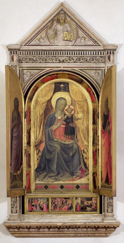 El tríptico de Linaiuoli (con postigos abiertos): La Virgen y el Niño entronizados con San Juan Bautista y San Marcos, 1433 de Fra Angelico