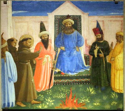 La prueba del fuego: San Francisco se ofrece a atravesar el fuego para convertir al sultán de Egipto (Legenda maior, IX, 8). de Fra Angelico