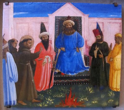 La prueba del fuego: San Francisco se ofrece a atravesar el fuego para convertir al sultán de Egipto (Legenda maior, IX, 8). de Fra Angelico