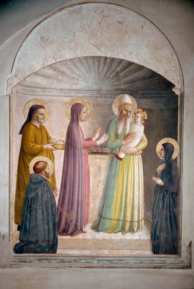 La presentación de Cristo en el templo. San Pedro, mártir, y la monja dominica Villana observan la escena bíblica. Fresco de Guido di Pietro de Fra Angelico