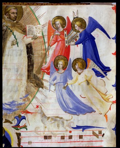 ds 558 f.67v San Domingo con cuatro ángeles musicales, de un gradual de San Marco e Cenacoli (detalle) de Fra Angelico