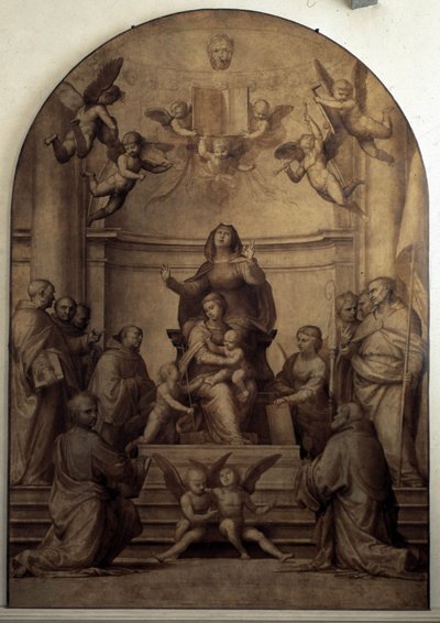 Pala del Gran Consiglio representando a Santa Ana, La Virgen y los niños Jesús y San Juan Bautista rodeados de santos. de Fra Bartolommeo
