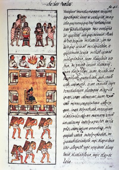 Sociedad azteca, músicos, rey y comerciantes, texto en náhuatl, facsímil del manuscrito Historia General de las Cosas de la Nueva España, también conocido como Códice Florentino, por Bernardino de Sahagún de Fra Bernadino da Sahagun
