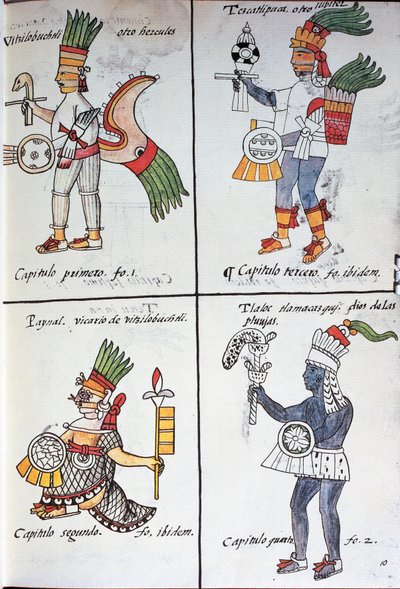 Dioses de los antiguos mexicanos, Huitzilopochtli, Tezcatlipoca, Tlaloc y Paynal, texto en español, del facsímil del manuscrito Historia General de las Cosas de la Nueva España, también conocido como Códice Florentino, por Bernardino de Sahagún de Fra Bernadino da Sahagun