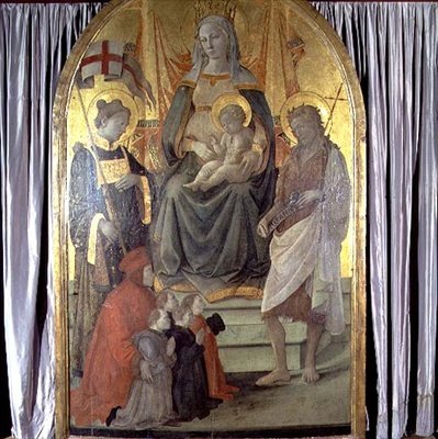 Madonna y el Niño entronizados con San Esteban, Juan el Bautista, Francesco Datini y la familia Ceppo de Fra Filippo Lippi