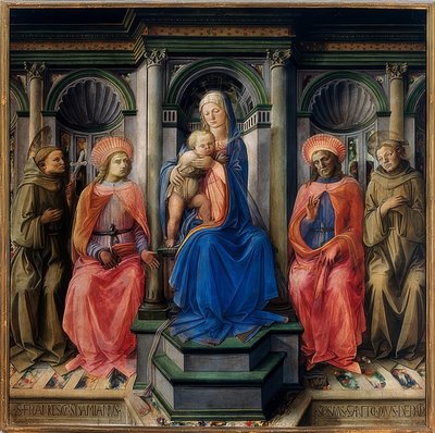 María entronizada con el niño y los santos Francisco de Asís, Damián, Cosme y Antonio de Padua. 1442 de Fra Filippo Lippi