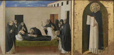 Muerte de Santo Domingo y Santo Tomás de Aquino. Detalle del Políptico de Cortona, c. 1437 de Fra Giovanni Angelico da Fiesole