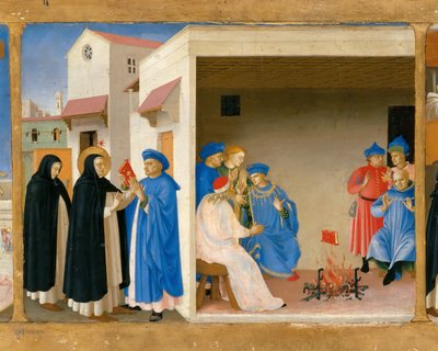 La disputa de Santo Domingo y el milagro del libro Predela del retablo La Coronación de Fra Giovanni Angelico da Fiesole