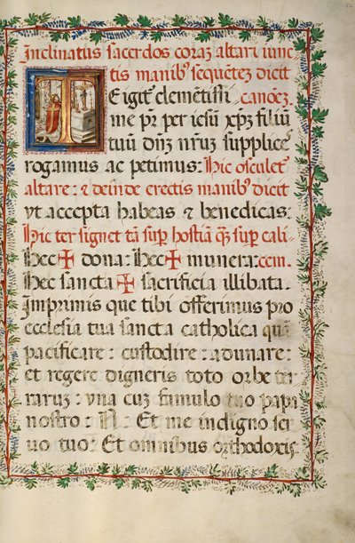 Inicial T: Un sacerdote celebrando misa de Fra Vincentius a Fundis