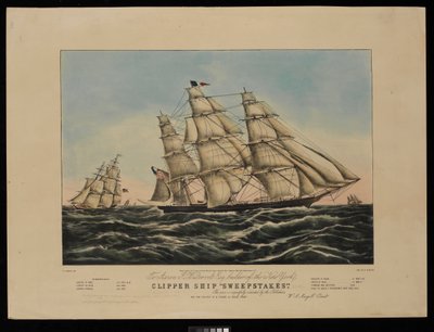 A Aaron J Westervelt Esq. constructor del clíper neoyorquino Sweepstakes este grabado está respetuosamente dedicado por los Editores..., litografía, coloreada (litografía, coloreada) de Frances Flora Bond (c.1812 76) (after) Palmer