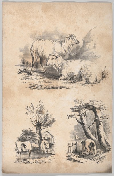 Viñeta con dos ovejas, viñeta con dos vacas en un estanque y viñeta de un recolector de leña..., 1847 de Frances Flora Bond Palmer