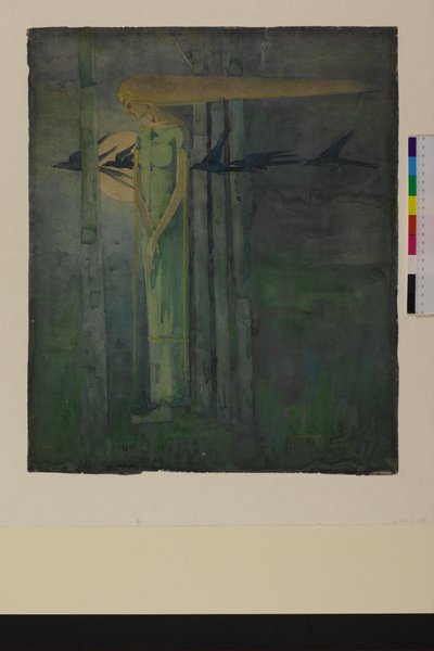"Mal Presagio", o, "Chica en el Viento del Este con Cuervos Pasando la Luna" 1893 de Frances Macdonald