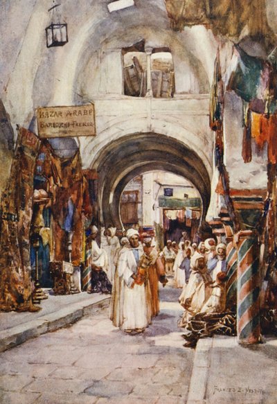 Souk des Etoffes, Túnez (litografía en color) de Frances Nesbitt
