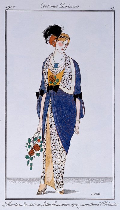 Trajes parisinos: Abrigo de noche de satén azul ceniza con adorno irlandés. Dibujado por Francisco Javier Gose (1876-1915) de Francesc Xavier Gosé