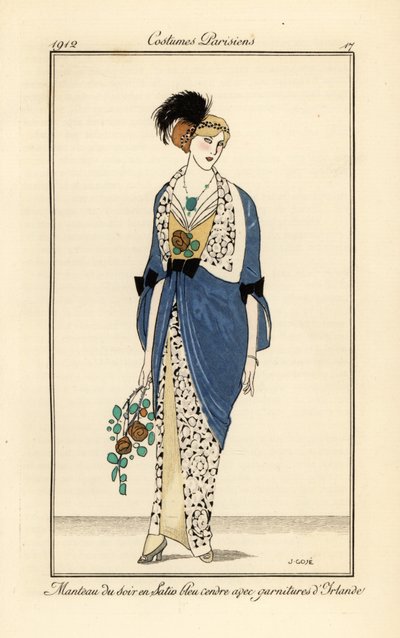 Mujer con vestido de noche de satén azul ceniza con encaje irlandés. Manteau du soir en satén bleu cendre avec garnitures d’Irlande de Francesc Xavier Gosé