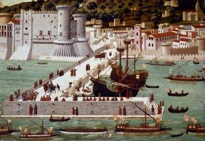 El puerto y la ciudad de Nápoles: la flota triunfante de Fernando de Aragón regresa tras su victoria en la batalla de la isla de Ischia, 6 de julio de Francesco (attr.) Rosselli