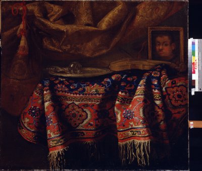 Bodegón con autorretrato. (Bodegón con autorretrato). Pintura de Francesco Fieravino (entre 1610 y 1660). Arte italiano, estilo barroco. Galería de Arte Regional A. Deineka, Kursk, Rusia de Francesco (b.1640) Fieravino