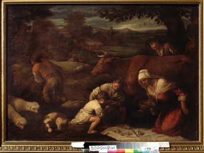 ""Le soir"" (Tarde) Familia de pastores, mujeres y niños almorzando en la hierba. Pintura del séquito de Jacopo Bassano (da Ponte) (1510-1592) siglo XVI Ivan Kramskoy (o Kramskoi) Museo de Bellas Artes de Voronezh (Voronezh), Rusia. de Francesco (circle of) Bassano