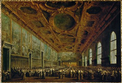 Tras su elección, el Dux da las gracias al Gran Consejo en la Sala del Gran Consejo del Palacio Ducal de Venecia, Italia ... de Francesco (circle of) Guardi