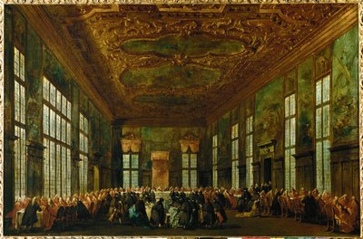 Comida ceremonial en el Palacio Ducal en la Gran Sala del Consejo, el Dux sentado en el centro-fondo ... de Francesco (circle of) Guardi