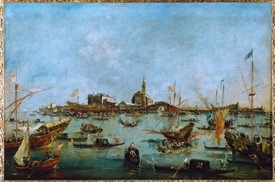 El Dux, en su góndola dorada, el Bucintoro, pasa por San Niccolo del Lido... de Francesco (circle of) Guardi