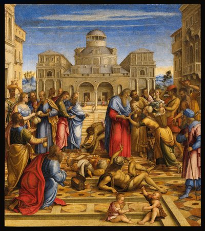 San Juan Capellán (Juan V de Alejandría o Juan de Chipre) (556-619), patriarca ortodoxo de Alejandría, distribuyendo dinero a los pobres en las calles de la ciudad - Juan el Misericordioso en Alejandría - Pintura de Francesco di Bernardo de Vecchi santacr de Francesco (fl.1508 45) Rizzi da Santacroce
