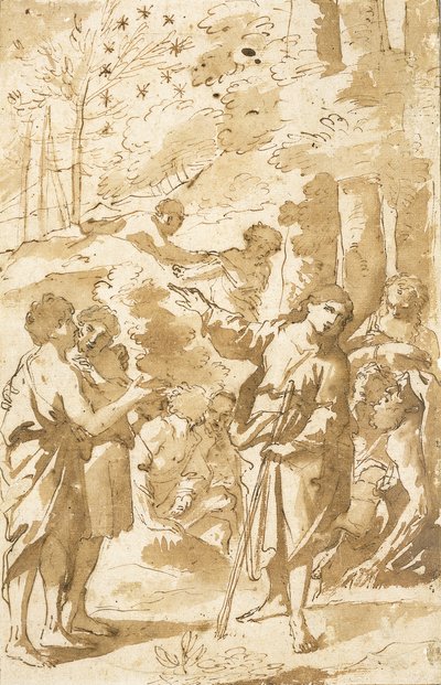 José contando su sueño a su padre y hermanos y señalando once estrellas en el cielo de Francesco Albani