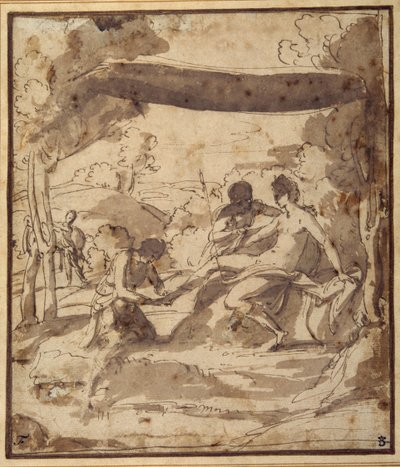 Venus, reclinada bajo un dosel rústico, con Adonis abrochándole la sandalia de Francesco Albani