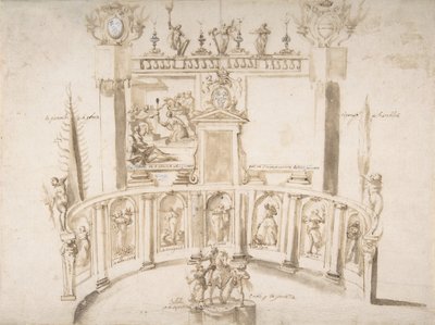 Diseño para una Fiesta en el Jardín con una Pared Semicircular y Estatuas en Nichos, ca. 1635-79 de Francesco Allegrini