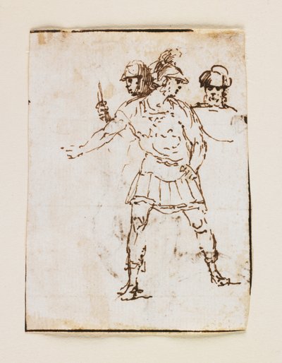 Estudio de dos soldados romanos y una figura barbuda (recto); Estudio de un hombre barbudo caminando con un bastón (verso) de Francesco Allegrini