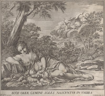 Latona y sus gemelos dormidos, Apolo y Diana, en un paisaje de Francesco Antonio Meloni
