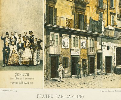 Vista del Teatro Real de San Carlos en Nápoles, por Francesco Aversano, litografía tomada de Nápoles de la antigüedad, por Raffaele d