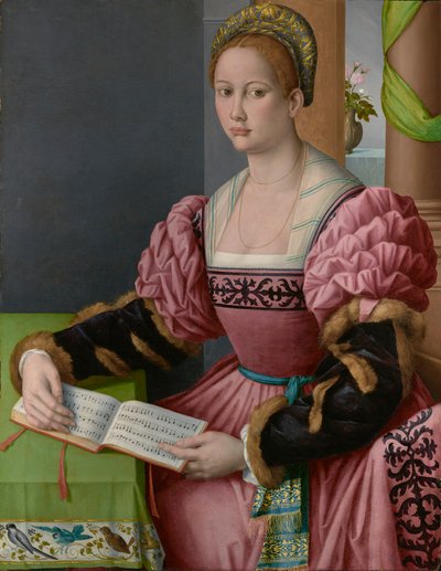 Retrato de una mujer con un libro musical de Francesco Ubertini Bacchiacca