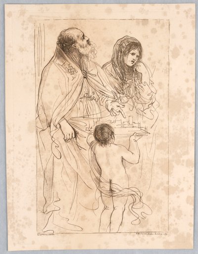 Un obispo santo señalando un modelo de ciudad, con otras figuras, después de un dibujo de Guercino de Francesco Bartolozzi