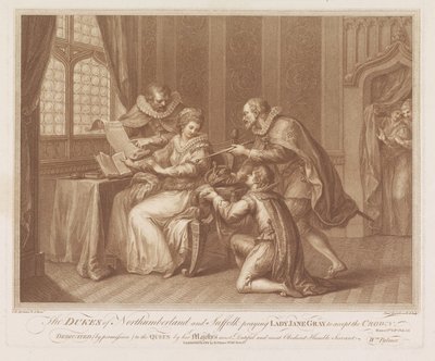 Los duques de Northumberland y Suffolk piden a Lady Jane Grey que acepte la corona Los duques de Northumberland y Suffolk orando a Lady Jane Grey para que acepte la corona (título sobre objeto) de Francesco Bartolozzi